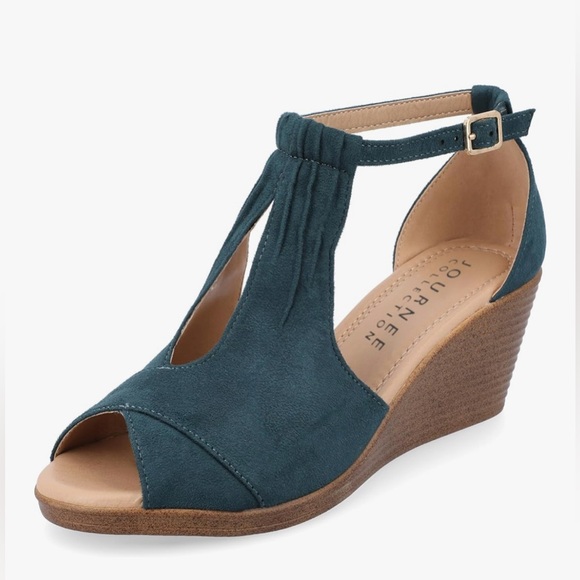 NEW Blue Vegan Suede Journee Stacked Wedge Heeled Heel 11 $60 - Picture 1 of 7